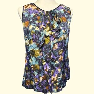 Floral Sleeveless Top Black Trim Silk Multicolor Size M
